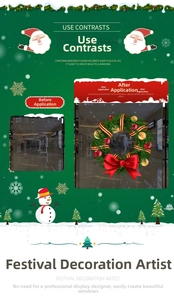 Detail eines Weihnachts-Fensteraufklebers mit roter Schleife und goldenen Kugeln am Kranz