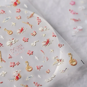 Embossed Nail Stickers Chinese Style Floral Instrument Pattern Self Adhesive Manicure Art Decoration Novelty