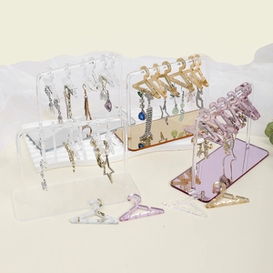 Acrylic mini clothes hanger earring display stand in amber, purple and clear finish