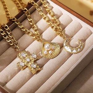Copper Pendant Necklace For Women With Artificial Pearl Zircon Cross Moon Shell Charms Hip Hop Cuban Link Chain Ins Style