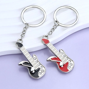 Creative electric guitar keychains in red and black with enamel finish and crystal accents