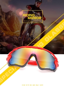 Macro detail of red and black sports sunglasses with a large panoramic mirrored lens