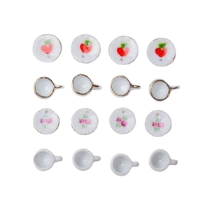 Miniature ceramic tea set beads with strawberry and rose prints for jewelry making