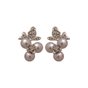 Elegant butterfly pearl stud earrings with sparkling rhinestones on silver metal base