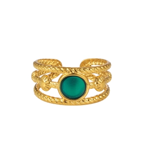 Vintage three-layer twisted gold ring with a round green stone and adjustable open band