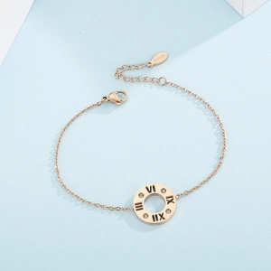 Rose gold stainless steel bracelet featuring Roman numeral hollow charm and crystals