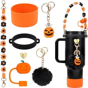 Halloween Stanley cup accessory set with pumpkin straw topper and silicone boot cover