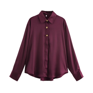 Women Satin Blouse Shirt Long Sleeve Lapel Collar Gold Buttons Solid Color Elegant Office Work Top