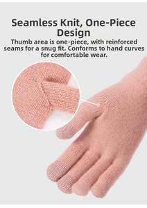Detail of pink knitted touchscreen gloves showing seamless stitching and thumb construction