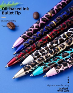 Detailed view of leopard print metal ballpoint pens with diamond tops in assorted colors