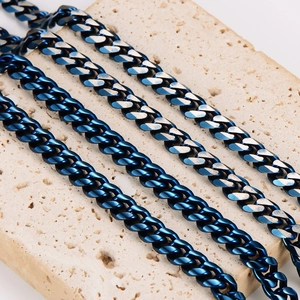 Blue and silver polished stainless steel Cuban link necklace for hip-hop minimalist style