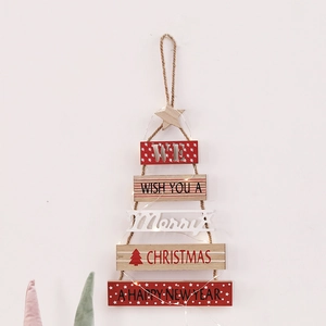 Wooden Christmas tree wall decor with LED lights and holiday greetings on natural wood