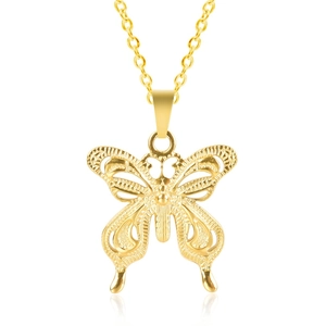 Detail of 18k gold plated sun butterfly pendant with intricate hollow pattern and polished finish