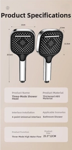 Detailed specifications of square hand shower head with 3-spray modes and ABS material