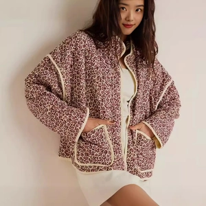 Women Retro Floral Printed Quilted Jacket Long Sleeve Contrast Binding Standing Collar Loose Fit Woven Polyester Coat