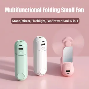 Mini Handheld Fan ABS TPE Foldable Multi Functional USB Rechargeable Power Bank Flashlight Mirror Phone Holder Pocket Portable