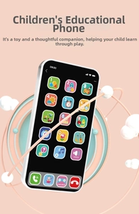 Detailed view of white educational toy phone for babies with colorful touchscreen icons