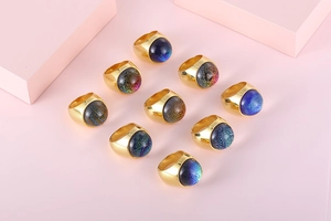 Detailed grid of colorful celestial glass dome rings with gold-plated stainless steel bands