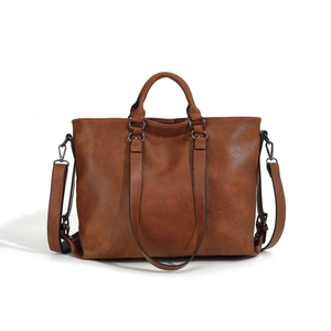 Brown large capacity soft leather tote bag with handles and detachable shoulder strap