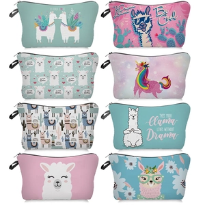 Schattige Cartoon Lama Alpaca Print Make-up Tas Draagbare Polyester Rits Toilettas Reisorganisator Handtas Voor Dames