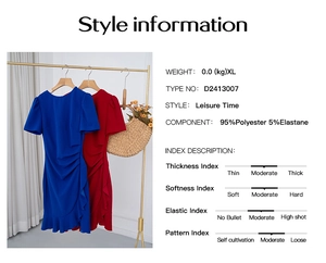 Size chart and fabric composition for elegant short sleeve bodycon dress style D2413007