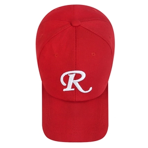 Classic red cotton baseball cap featuring 3D white R letter embroidery and curved brim