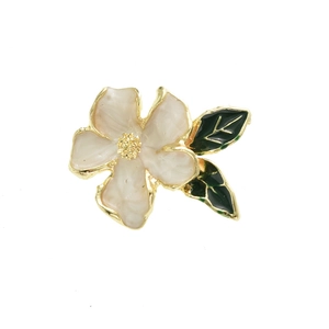 Pink enamel rose flower pendant with golden edges and green leaves for DIY crafts
