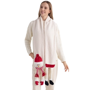 Soft white plush Christmas scarf featuring a cute 3D snowman doll for winter warmth