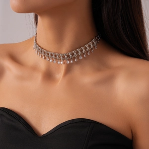 Elegant silver tassel choker necklace with shimmering zircons for a minimalist luxury look