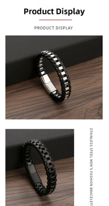 Detail of woven leather bracelets with polished and matte stainless steel magnetic clasps