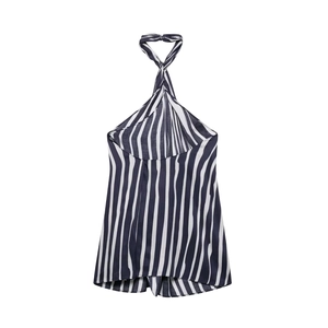 Damen Neckholder Top mit blau-weißen vertikalen Streifen und Knotendetail am Halsausschnitt