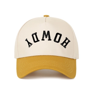 Close-up of HOWDY embroidery on vintage color-block five-panel baseball cap