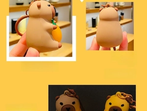 Detailed views of a glowing Capybara keychain with side and back display perspectives