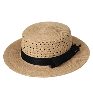 Elegant hand-woven hollow raffia straw boater hat for women with black ribbon