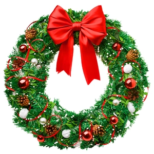 Close-up of Christmas wreath with red bow, pine cones and shiny ornaments on white background