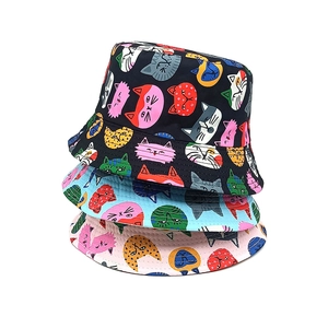 Kids Bucket Hat Cartoon Cat Print Sun Protection Wide Brim Outdoor Summer Travel Fisherman Cap For Boys Girls