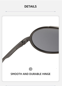 Detail shot of smooth and durable grey metal hinges on one-piece frame sunglasses