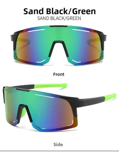 Front and side view of sand black cycling sunglasses with colorful mercury coating