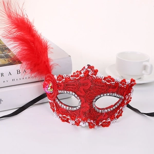 Detail of red lace party mask with side feathers and silver sequins for festivals