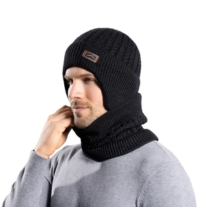 Men's black winter knit hat and neck warmer set with thermal fleece lining and logo