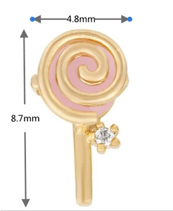 Macro shot of 18K gold lollipop stud earrings with pink enamel and white zircon details