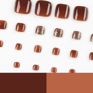 Amber brown gradient press on toe nails with silver glitter accent for women