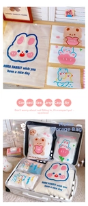 Detail of frosted travel storage bags with cartoon prints inside a white suitcase
