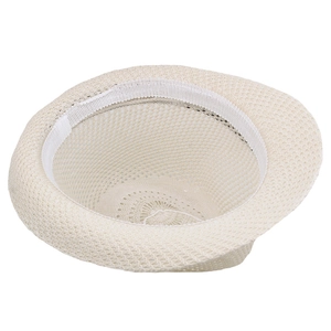 Detail of breathable mesh knit interior with white sweatband on beige sun hat