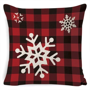 Housse de coussin de Noël en lin avec carreaux rouges et blancs et flocons