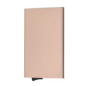 Detail of rose gold RFID blocking aluminum card holder with bottom pop-up slider mechanism