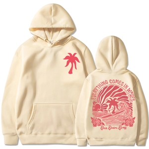 Détail du sweat à capuche avec slogan de vagues et impression logo palmier rouge