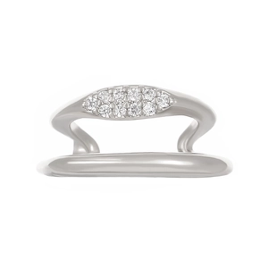 Detail of silver double-layered ear cuff featuring sparkling white cubic zirconia stones