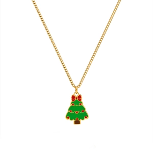 Christmas tree necklace in gold with green enamel and red bow on white background