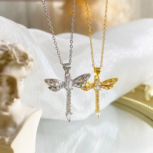 Exquisite 18K gold plated dragonfly pendant necklaces with sparkling zircon inlays